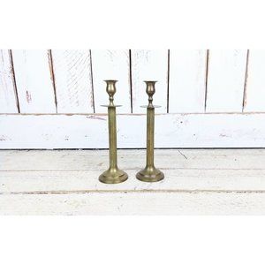 Brass vintage dpatina pillar spindle candlesticks
